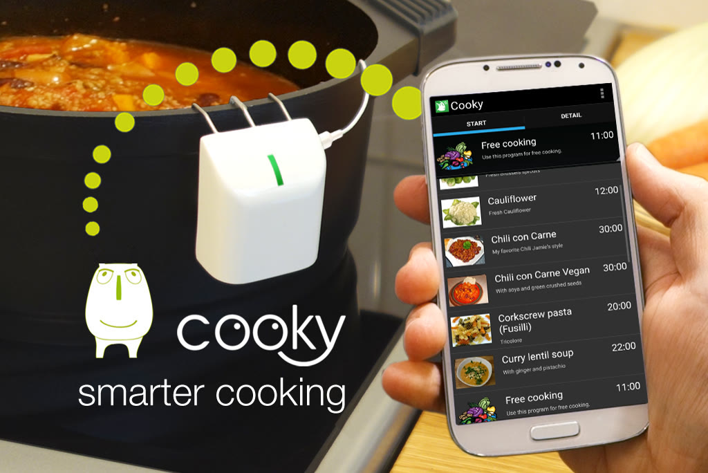 Cooky attached to a pot, with the cooky app on a smartphone